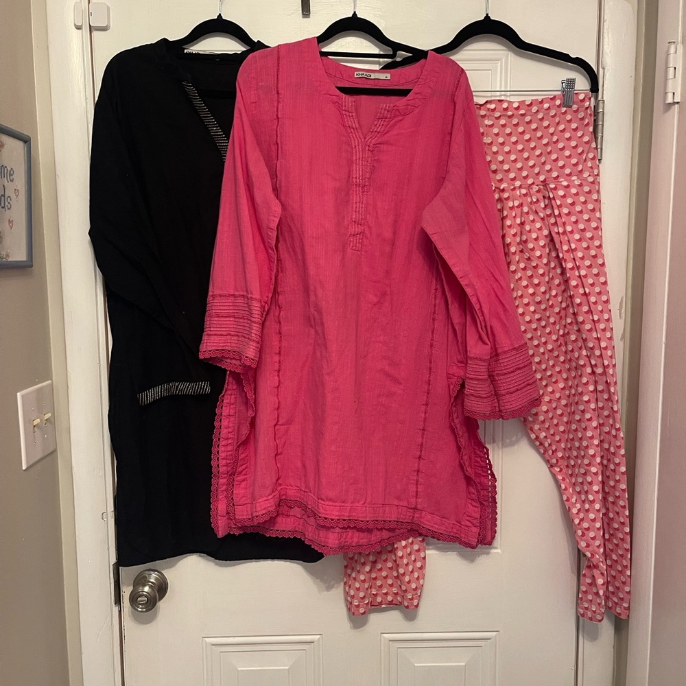 Khaadi 3 piece set Pink and Black Kurta with Pants 100% cotton